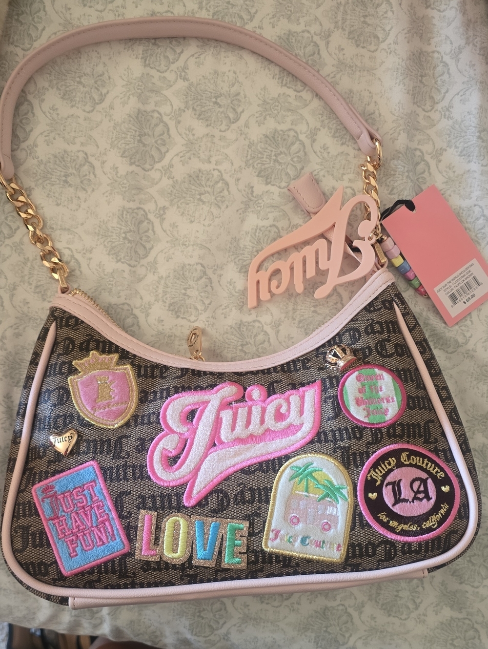 Juicy Couture Pink Patchwork Patch-Embroidered Womens Shoulder Bag